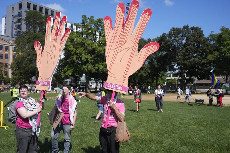 Protesters stage prior to a march to the Democratic National Convention Monday, Aug. 19, 2024, in Chicago. (AP Photo/Frank Franklin II)