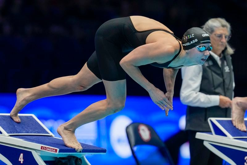 Kate Douglass swims during the Women's 200 breaststroke finals Thursday, June 20, 2024, at the US Swimming Olympic Trials in Indianapolis. (AP Photo/Darron Cummings)