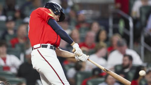 Atlanta Braves’ Matt Olson hits a RBI single during the sixth inning against the Miami Marlins at Truist Park, Friday, June 30, 2023, in Atlanta. The Braves won 16-4. Jason Getz / Jason.Getz@ajc.com)