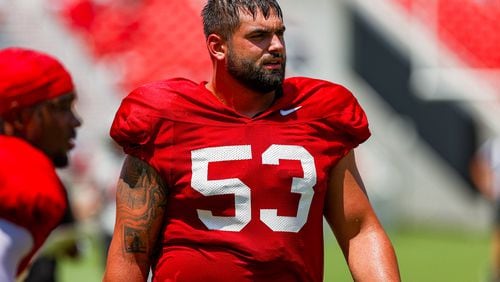 Georgia offensive lineman Dylan Fairchild during the Bulldogs' preseason scrimmage Saturday, Aug. 17, 2024, at Sanford Stadium in Athens. (Tony Walsh/UGA Athletics)