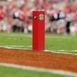 An end-zone pylon is shown with a Georgia logo and the SEC logo during the G - Day game at Sanford Stadium Saturday, April 16, 2022, in Athens, Ga. (Jason Getz / Jason.Getz@ajc.com)