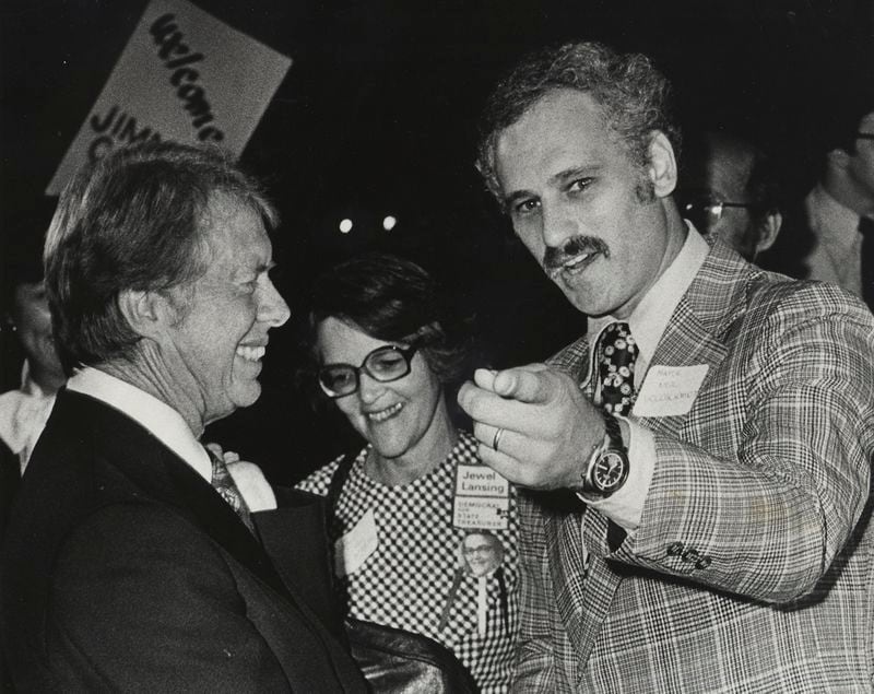 FILE - Portland mayor Neil Goldschmidt, right, and Jewel Lansing, Democratic candidate for state treasurer, welcome Jimmy Carter to the city for a two-day visit on Sept. 28, 1976, in Portland, Ore. Goldschmidt, a former Oregon governor whose confession that he had sex with a 14-year-old girl in the 1970s blackened what had been a nearly sterling reputation, has died. He was 83. (Karen Engstrom/The Oregonian via AP, File)