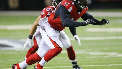 Falcons first round draft pick Vic Beasley Jr. rushes against the Ravens during the first quarter of their preseason game on Thursday, Sept. 3, 2015, in Atlanta. Curtis Compton / ccompton@ajc.com