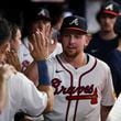 Atlanta Braves pitcher Spencer Schwellenbach greets teammates after pitching into the seventh inning against the New York Mets at Truist Park, Tuesday, Sept. 24, 2024, in Atlanta. The Braves won 5-1. (Jason Getz / AJC)

