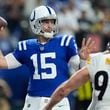 Indianapolis Colts quarterback Joe Flacco (15) looks to throw a pass during the first half of an NFL football game against the Pittsburgh Steelers, Sunday, Sept. 29, 2024, in Indianapolis. (AP Photo/Michael Conroy)