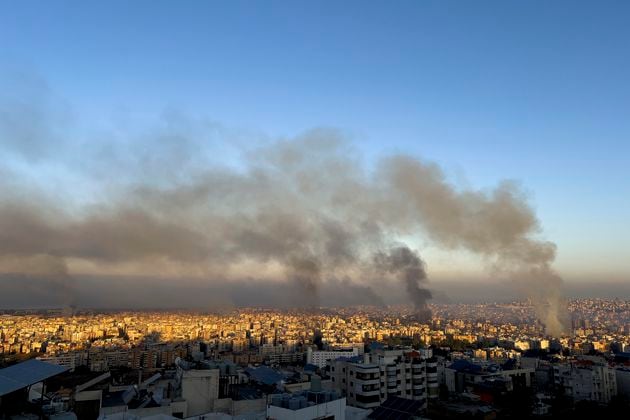 Smoke rises from Israeli airstrikes in the southern suburbs of Beirut, Lebanon, Saturday, Sept. 28, 2024. (AP Photo/Hussein Malla)