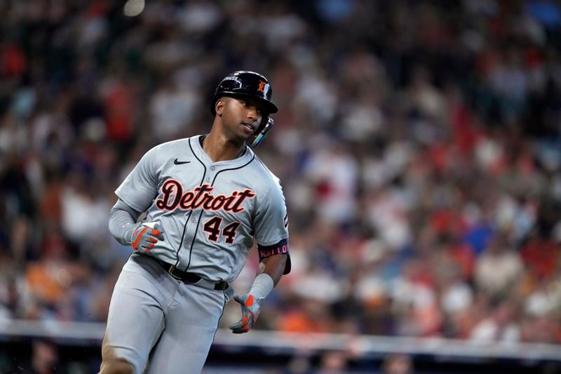 Detroit Tigers designated hitter Justyn-Henry Malloy singles during the fifth inning of Game 1 of an AL Wild Card Series baseball game against the Houston Astros, Tuesday, Oct. 1, 2024, in Houston. (AP Photo/Kevin M. Cox)