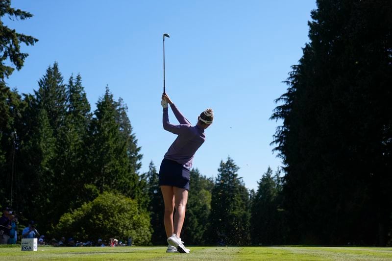 Nelly Korda hits from the 17th tee during the first round of the Women's PGA Championship golf tournament at Sahalee Country Club, Thursday, June 20, 2024, in Sammamish, Wash. (AP Photo/Gerald Herbert)