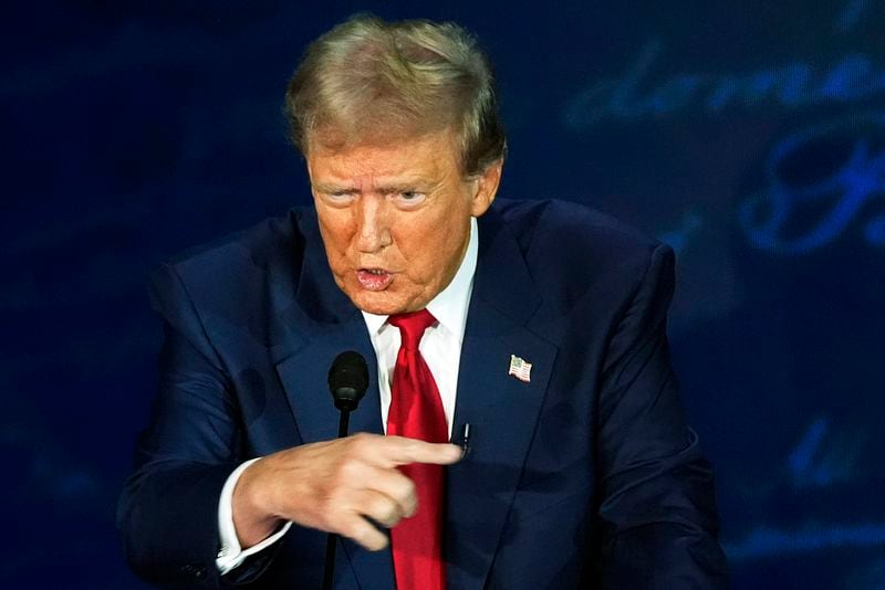 Republican presidential nominee former President Donald Trump speaks during a presidential debate with Democratic presidential nominee Vice President Kamala Harris at the National Constitution Center in Philadelphia, Tuesday, Sept. 10, 2024. (AP Photo/Alex Brandon)