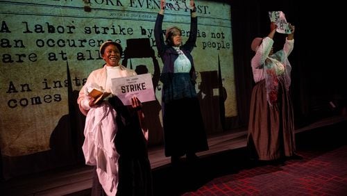 Jamila Turner, Kenedi Deal and Makallen Kelley play Atlanta washerwomen who go on strike in 1881 in the new play “The Wash” by Kelundra Smith. (Courtesy of Casey Gardner Ford)