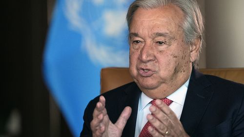 FILE - United Nations Secretary-General Antonio Guterres speaks during an interview at the United Nations headquarters, on Sept. 9, 2024. (AP Photo/Pamela Smith, File)