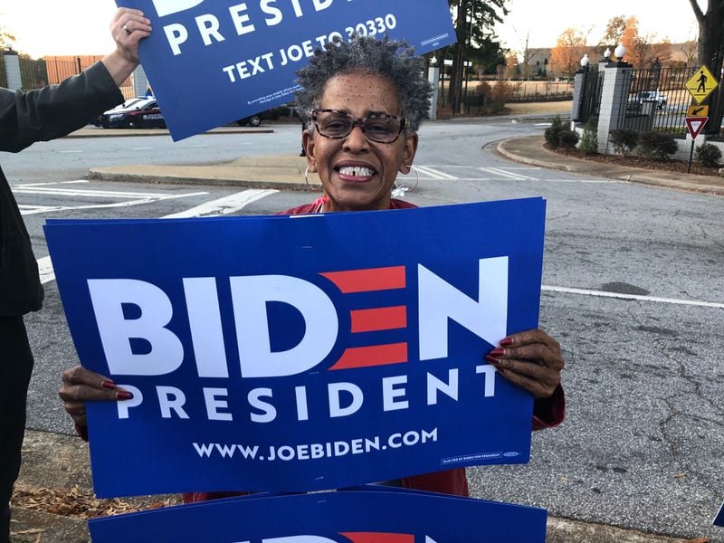 Atlanta resident Lucy Sharpe came to the Tyler Perry Studios ahead of the Democratic debate in Georgia to support former Vice President Joe Biden. Photo by David Wickert.