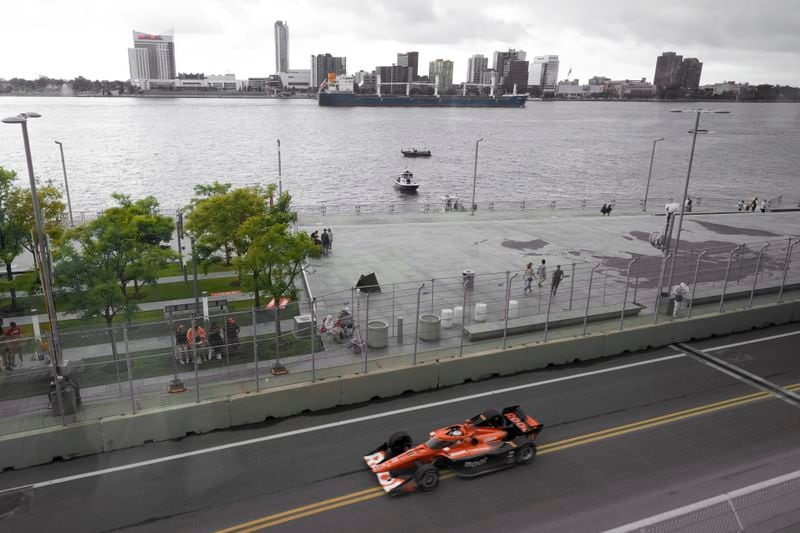 Marcus Armstrong (11) drives during the IndyCar Detroit Grand Prix auto race in Detroit, Sunday, June 2, 2024. (AP Photo/Paul Sancya)