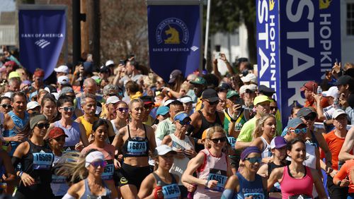 FILE - A wave of runners start the Boston Marathon, Monday, April 15, 2024, in Hopkinton, Mass. (AP Photo/Mary Schwalm, File)