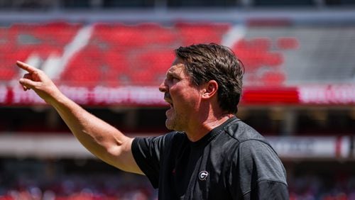 Georgia co-defensive coordinator Will Muschamp during a preseason scrimmage on Dooley Field at Sanford Stadium in Athens, Ga., on Saturday, Aug. 13, 2022. (Photo by Tony Walsh)