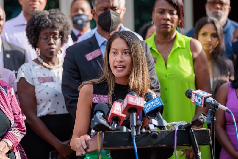 State Rep. Bee Nguyen (D), the Democratic candidate for secretary of state, speaks at a press conference about abortion on Wednesday, July 20, 2022. The conference comes just after a federal appeals court allowed Georgia’s restrictive abortion law to take place. (Arvin Temkar / arvin.temkar@ajc.com)