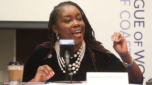 District Attorney Shalena Cook Jones responds to a question during the League of Women Voters of Coastal Georgia candidate forum with Republican challenger Andre Pretorius on Monday, Sept. 16, 2024, at the Coastal Georgia Center in Savannah, Ga. (Richard Burkhart/Savannah Morning News via AP)