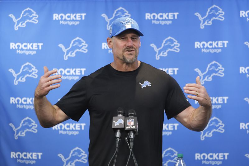 Detroit Lions head coach Dan Campbell speaks to the media after an NFL football game against the Los Angeles Rams in Detroit, Monday, Sept. 9, 2024. (AP Photo/Duane Burleson)