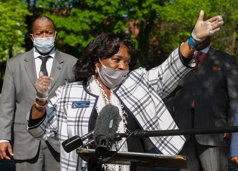 Democratic state Sen. Donzella James speaks at a press conference near the Arbor Terrace at Cascade senior care facility in Atlanta on Friday, April 17, 2020. Behind her, on the left, is Fulton County Commissioner Joe Carn. COVID-19, the disease caused by the novel coronavirus, has ravaged Arbor Terrace, sparking a protest. STEVE SCHAEFER / Special to the AJC
