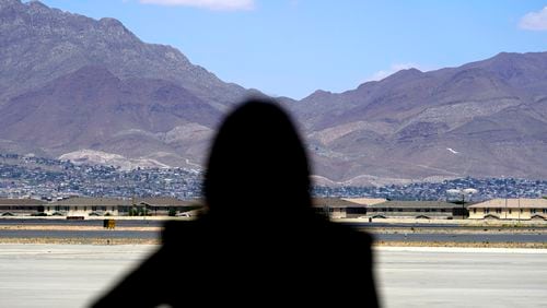 FILE - Vice President Kamala Harris stands in front of mountains during a news conference, Friday, June 25, 2021, at the airport after her tour of the U.S. Customs and Border Protection Central Processing Center in El Paso, Texas. (AP Photo/Jacquelyn Martin, File)