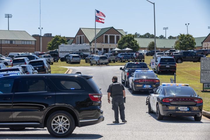 Four people were killed and nine others were taken to various hospitals after a shooting at Apalachee High School in Barrow County, the GBI said Wednesday afternoon, Sept. 4, 2024. One person was in custody, the state agency confirmed. (John Spink/AJC)