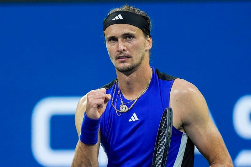 Alexander Zverev, of Germany, celebrates after defeating Brandon Nakashima, of the United States, during the fourth round of the U.S. Open tennis championships, Sunday, Sept. 1, 2024, in New York. (AP Photo/Eduardo Munoz Alvarez)