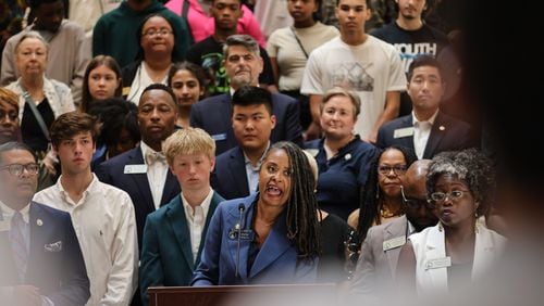 Sen. Nikki Merritt, D–Grayson, speaks Jult 24 at the Georgia State Capitol to respond to the state's decision to defund AP African American studies. (Natrice Miller/The Atlanta Journal-Constitution)