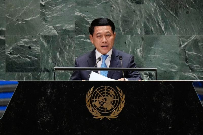 Laos Foreign Minister Saleumxay Kommasith speaks to the United Nations General Assembly during Summit of the Future, Sunday, Sept. 22, 2024 at U.N. headquarters. (AP Photo/Frank Franklin II)