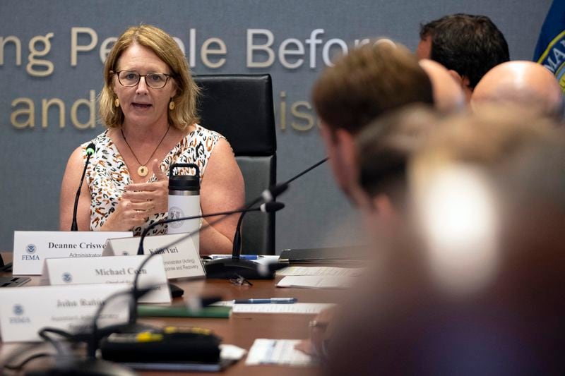 Federal Emergency Management Agency Administrator Deanne Criswell speaks during a briefing on the 2024 hurricane and wildfire outlook at FEMA headquarters on Friday, June 21, 2024, in Washington. (AP Photo/Mark Schiefelbein)