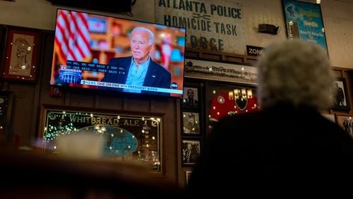 Atlanta resident Doris Betz at Manuel's Tavern watch party for President Joe Biden's July 5 ABC News interview. (Ben Hendren for the Atlanta Journal-Constitution)