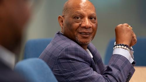 AME Bishop Reginald Jackson speaks to the Atlanta Journal-Constitution editorial board in Sandy Springs on Wednesday, Aug. 14, 2024. (Ben Gray / Ben@BenGray.com)