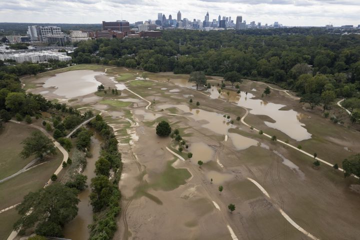 Mud and standing water cover much of the Bobby Jones Golf Course in Atlanta on Saturday, Sept. 28, 2024 after Peachtree Creek spilled its banks from Hurricane Helene.   Ben Gray for the Atlanta Journal-Constitution