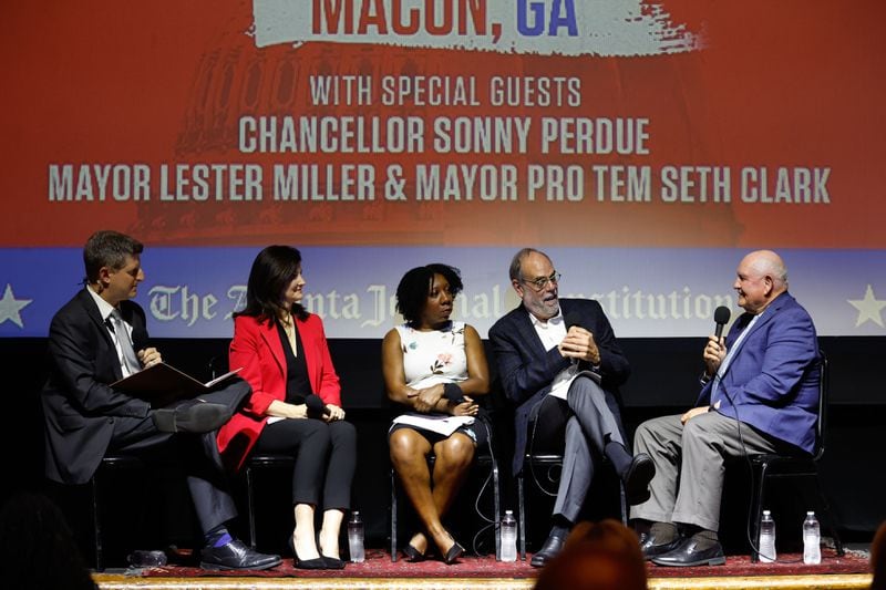 From left to right: AJC reporters Greg Bluestein, Patricia Murphy, Tia Mitchell and Bill Nigut interview University System of Georgia Chancellor Sonny Perdue in Macon on Thursday.