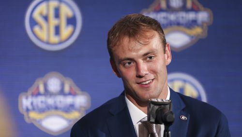 Georgia tight end Brock Bowers speaks during NCAA college football Southeastern Conference Media Days, Tuesday, July 18, 2023, in Nashville, Tenn. (Jason Getz / Jason.Getz@ajc.com)