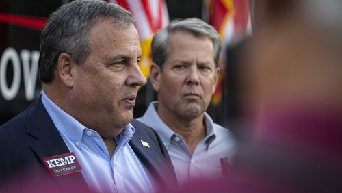Former New Jersey Gov. Chris Christie, now a candidate for the GOP nomination for president, has close ties with Gov. Brian Kemp, right. "I was with Brian Kemp in 2018 when he ran the first time. I was with him in the primary in 2022 and obviously in the general election as well,” Christie said Tuesday during an appearance on "Politically Georgia" on WABE. “That’s the kind of Republican that can win in the state of Georgia.” (Audra Melton/The New York Times)