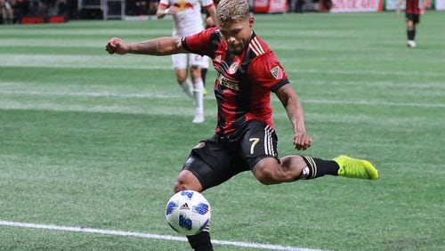 Atlanta United forward Josef Martinez scores a goal against the New York Red Bulls for a 1-0 lead during the first half in their Eastern Conference finals MLS soccer game on Sunday, Nov. 25, 2018, in Atlanta.   Curtis Compton/ccompton@ajc.com