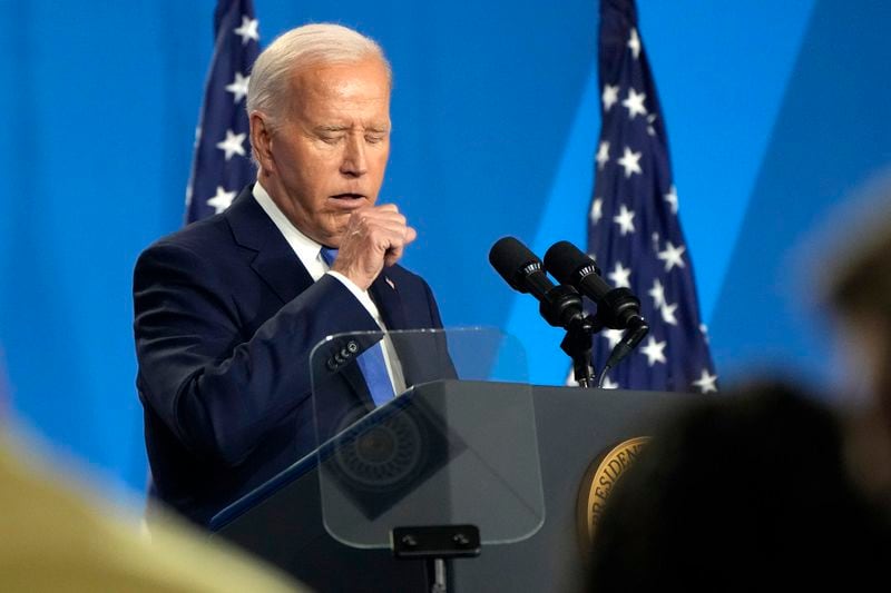 President Joe Biden clears his throat as he speaks at a news conference Thursday July 11, 2024, on the final day of the NATO summit in Washington. (AP Photo/Jacquelyn Martin)