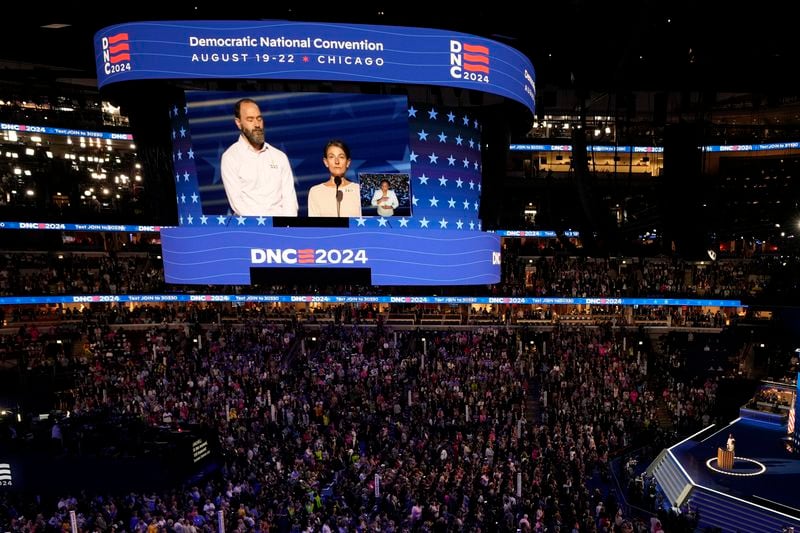 Jon Polin and Rachel Goldberg, parents of hostage Hersh Goldberg-Polin speaks during the Democratic National Convention Wednesday, Aug. 21, 2024, in Chicago. (AP Photo/Morry Gash)