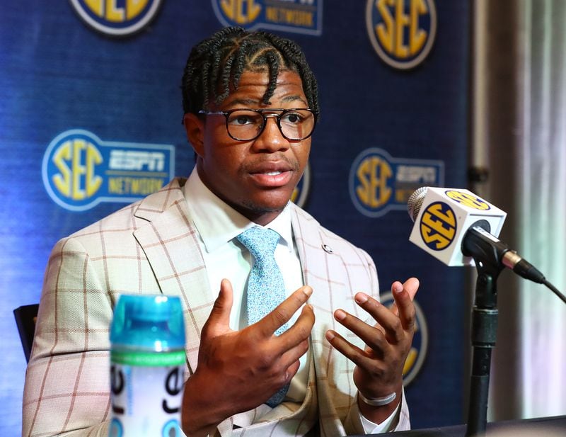 Georgia linebacker Nolan Smith takes questions while holding his news conference at SEC Media Days on July 20 in Atlanta. (Curtis Compton / Curtis Compton@ajc.com)