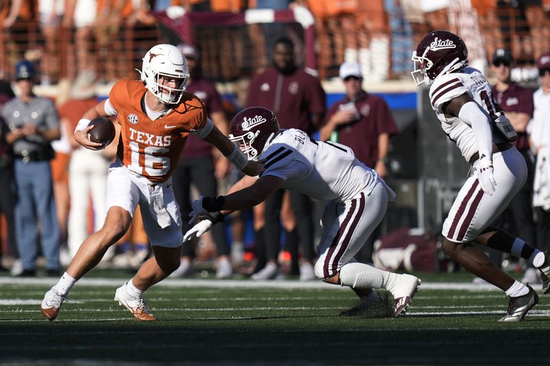 Texas quarterback Arch Manning (16) is pressured by Mississippi State linebacker Stone Blanton during the second half of an NCAA college football game in Austin, Texas, Saturday, Sept. 28, 2024. (AP Photo/Eric Gay)