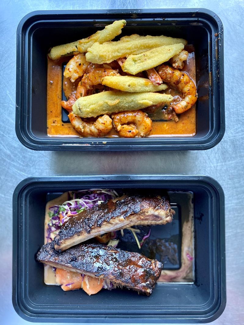 Some plates at Bar Mercado still are listed as tapas, including grilled shrimp, with crispy okra, roasted tomato and merken butter; and glazed ribs, with pineapple slaw. Wendell Brock for The Atlanta Journal-Constitution