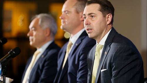 Georgia Tech Director of Athletics J. Batt addresses the media introducing the new football head coach Brent Key during a news conference on Monday, December 5, 2022.
 Miguel Martinez / miguel.martinezjimenez@ajc.com