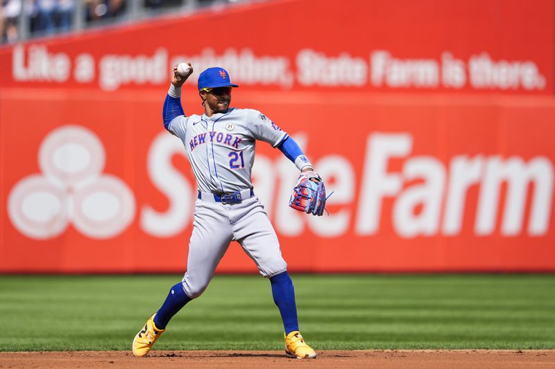 New York Mets' Francisco Lindor throws to first base for an out on a ball hit by Philadelphia Phillies' Trea Turner during the first inning of a baseball game, Sunday, Sept. 15, 2024, in Philadelphia. (AP Photo/Derik Hamilton)