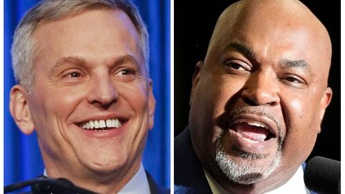 FILE - This combo image shows North Carolina Lt. Gov. Mark Robinson, right, speaking in Greensboro, N.C., March 2, 2024, and Democratic North Carolina gubernatorial candidate Josh Stein, left, speaking in Raleigh, N.C., March 5, 2024. (AP Photo/File)