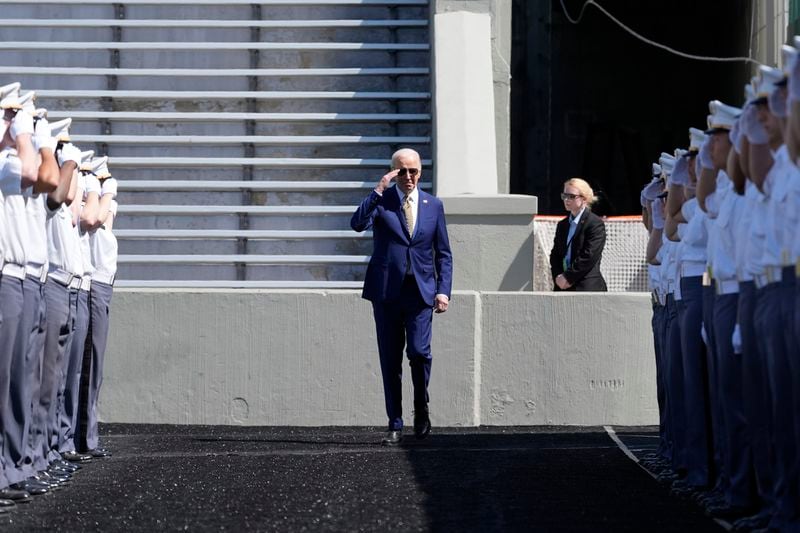 President Joe Biden salutes as he walks to speak to graduating cadets at the U.S. Military Academy commencement ceremony, Saturday, May 25, 2024, in West Point, N.Y. (AP Photo/Alex Brandon)