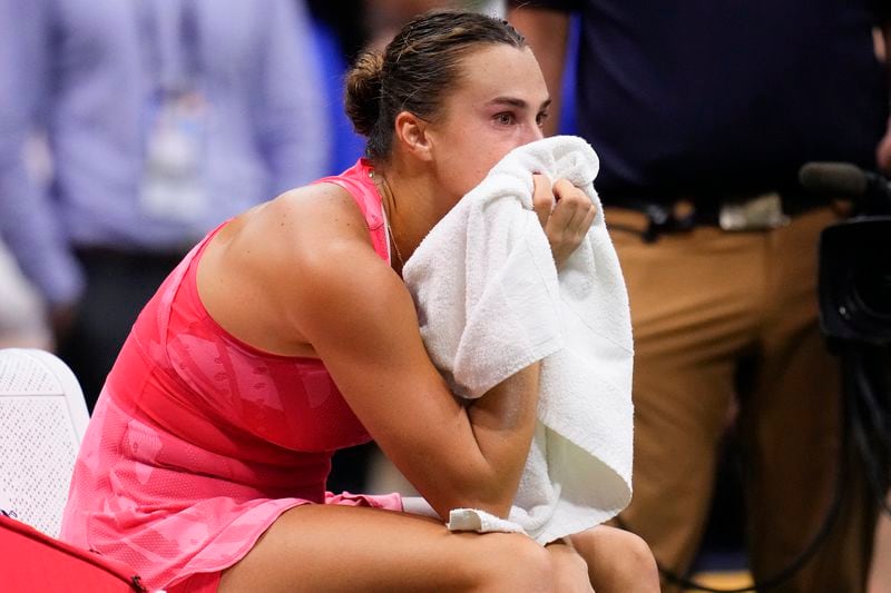 FILE - Aryna Sabalenka, of Belarus, reacts after losing to Coco Gauff, in the women's singles final of the U.S. Open tennis championships, Saturday, Sept. 9, 2023, in New York. (AP Photo/Manu Fernandez, File)