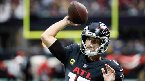 Atlanta Falcons quarterback Kirk Cousins (18) prepares a throw moments before the game against Pittsburgh Steelers on Sunday, Sept. 8, at Mercedes-Benz Stadium in Atlanta. 

(Miguel Martinez/ AJC)