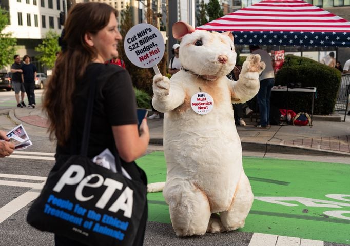 Julie Robertson of Atlanta wears a mouse costume for a PETA protest against animal testing near the intersection of 10th Street NW and Spring Street NW in Atlanta on Thursday, June 27, 2024. Nearby, President Joe Biden and former President Donald Trump participated in a debate hosted by CNN. (Seeger Gray / AJC)