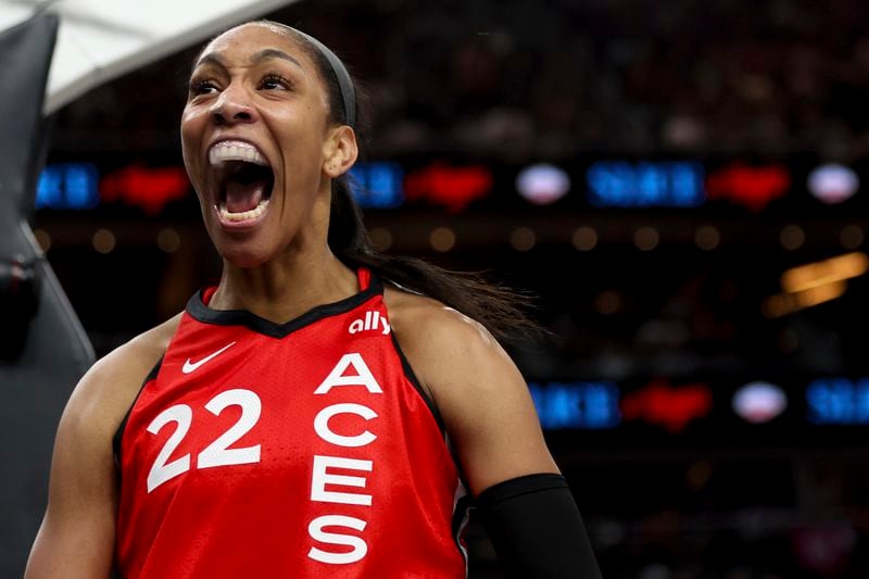 Las Vegas Aces center A'ja Wilson celebrates after scoring and drawing a foul during the first half of a WNBA basketball game against the Indiana Fever Tuesday, July 2, 2024, in Las Vegas. (Ellen Schmidt/Las Vegas Review-Journal via AP)