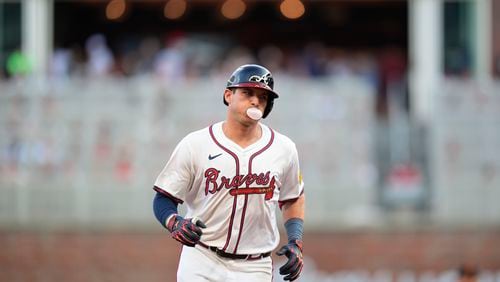 Atlanta Braves' Austin Riley (27) runs the bases after he hits a solo home run in the second inning of a baseball game against the San Francisco Giants, Tuesday, July 2, 2024, in Atlanta. (AP Photo/Brynn Anderson)